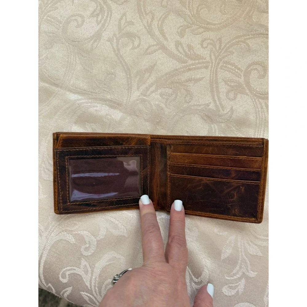 Western Cowhide Hair On Hide Bifold Wallet Distressed Brown Leather Mens